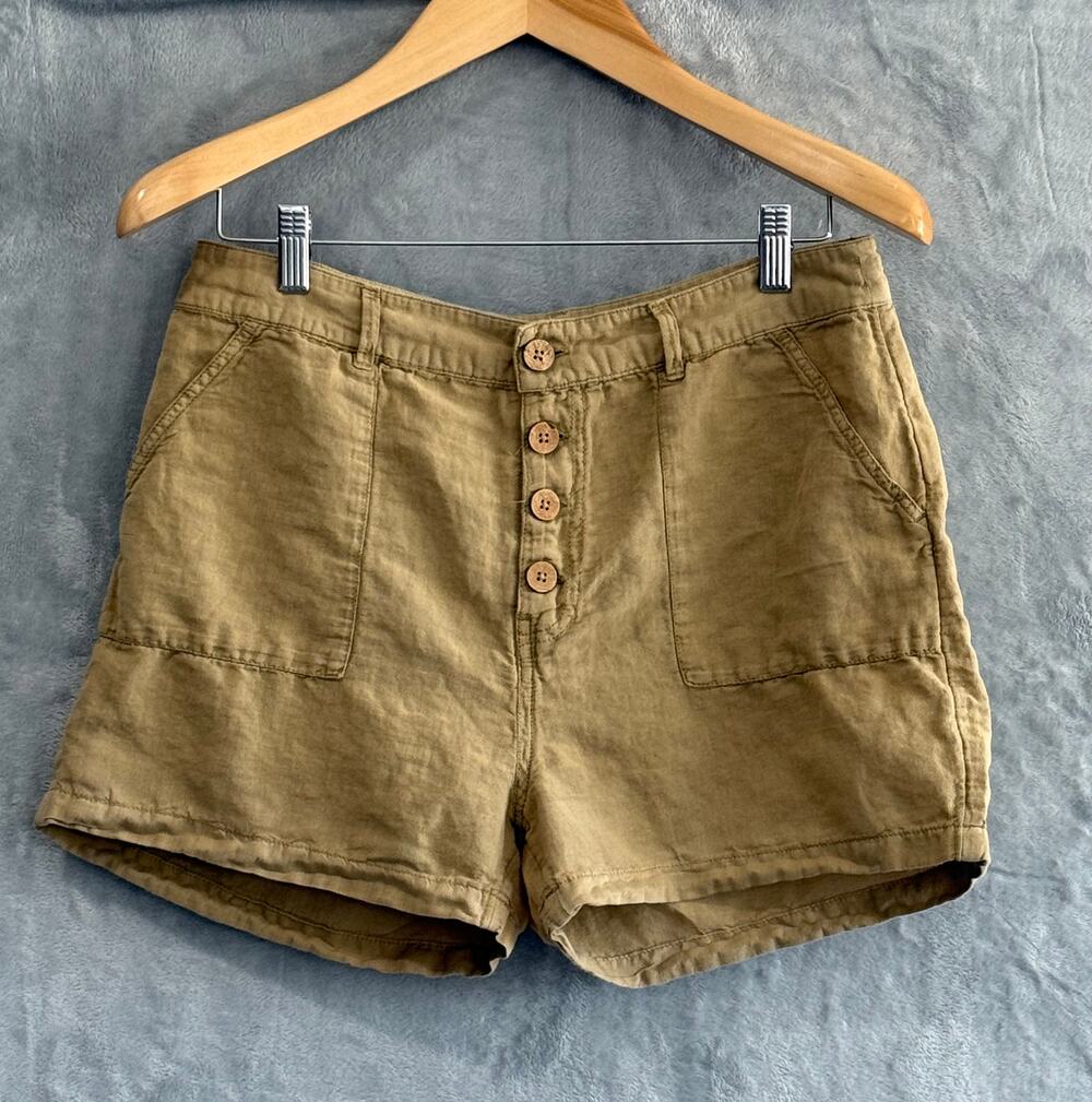 Rip Curl Summer Palm Linen Shorts High Rise Coconut Button Women's L Gold Beachy